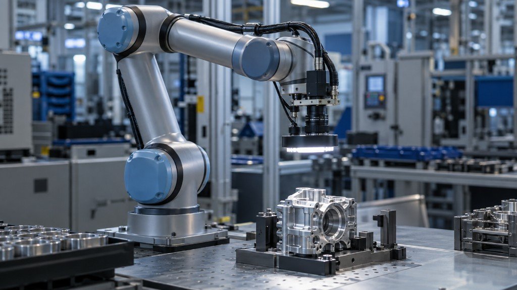 Braccio robotico industriale in cella di lavoro: esempio di bene interconnesso in un investimento 4.0